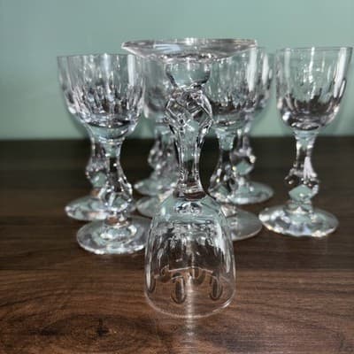 Set Of 8 Tiffin-Franciscan Stemmed Cordial Shot Glasses Oval Cut Glass MCM Bar - Thumbnail 8