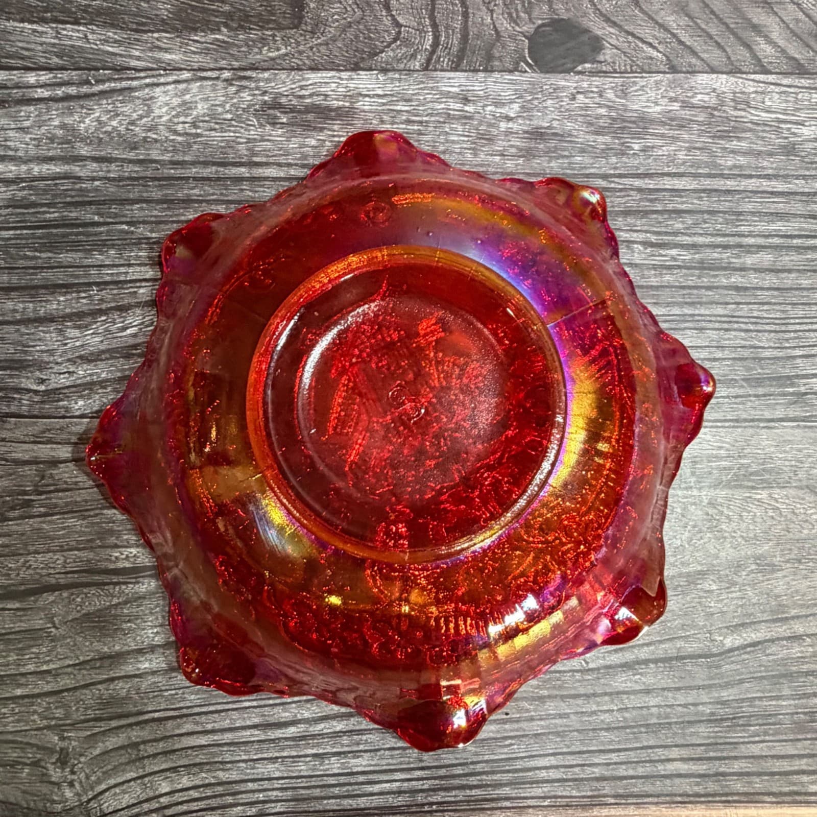 VTG L.E. SMITH Red Iridescent Windmill Design Carnival Glass Bowl 8"W Ruffle - Thumbnail 9
