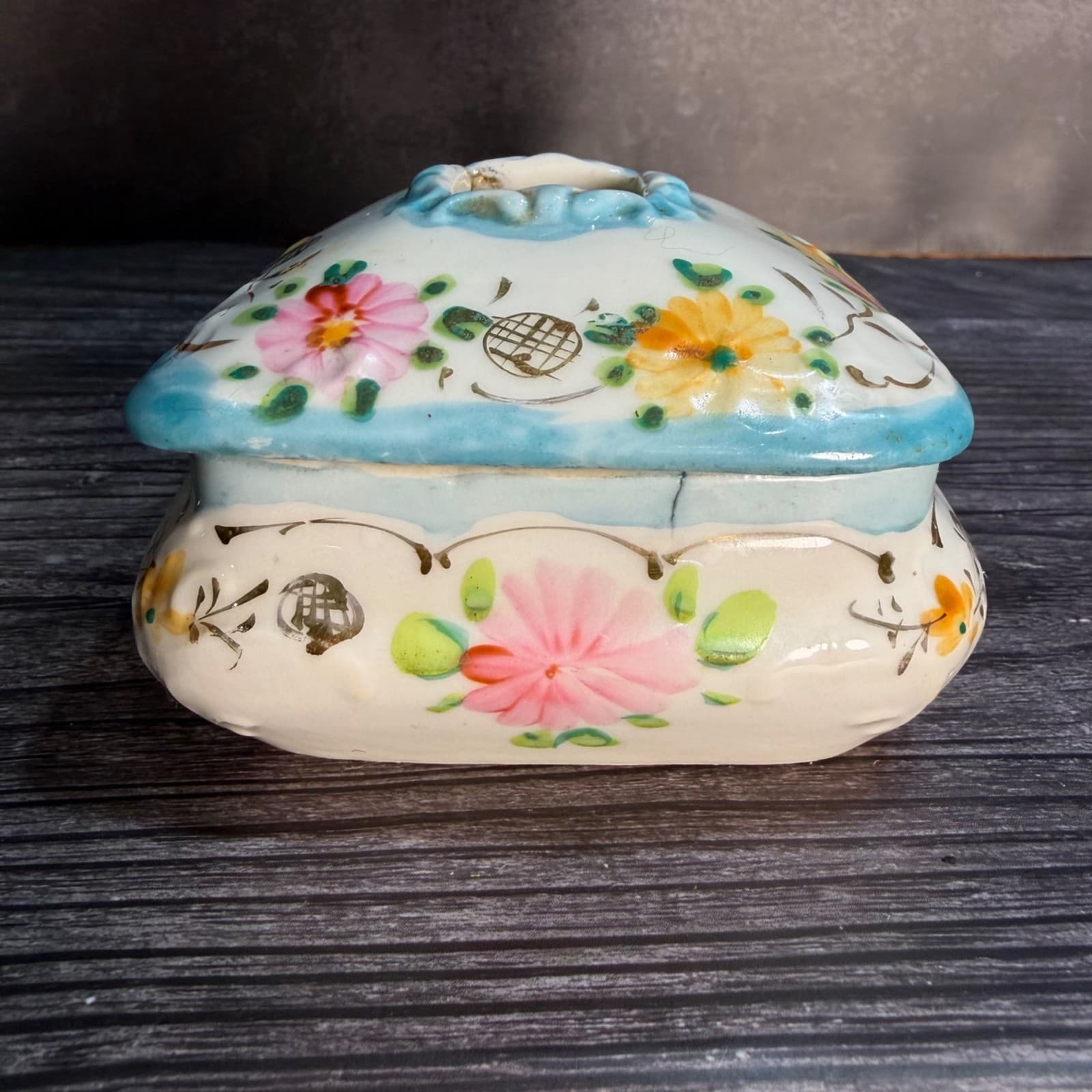 Hand-Painted Floral Ceramic Square Trinket Box With Lid Vintage Hair Keeper - Thumbnail 3