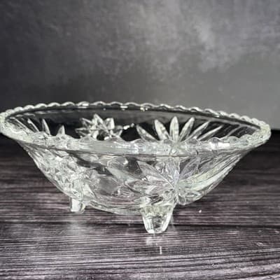 Vintage Anchor Hocking Star Of David Scalloped Clear Pressed Glass Footed Bowl - Thumbnail 7