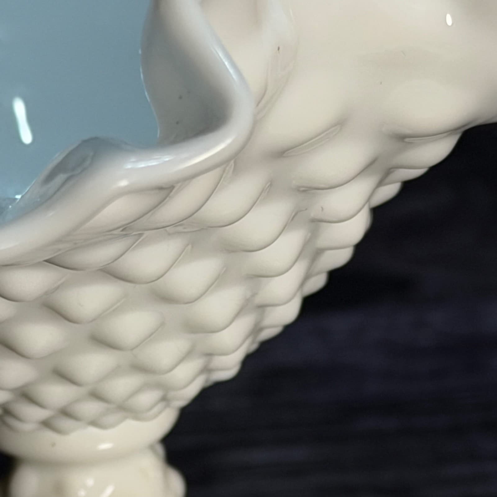 Vintage Milk Glass Hobnail Pedestal Bowl With Ruffled Edge White Décor - Thumbnail 3
