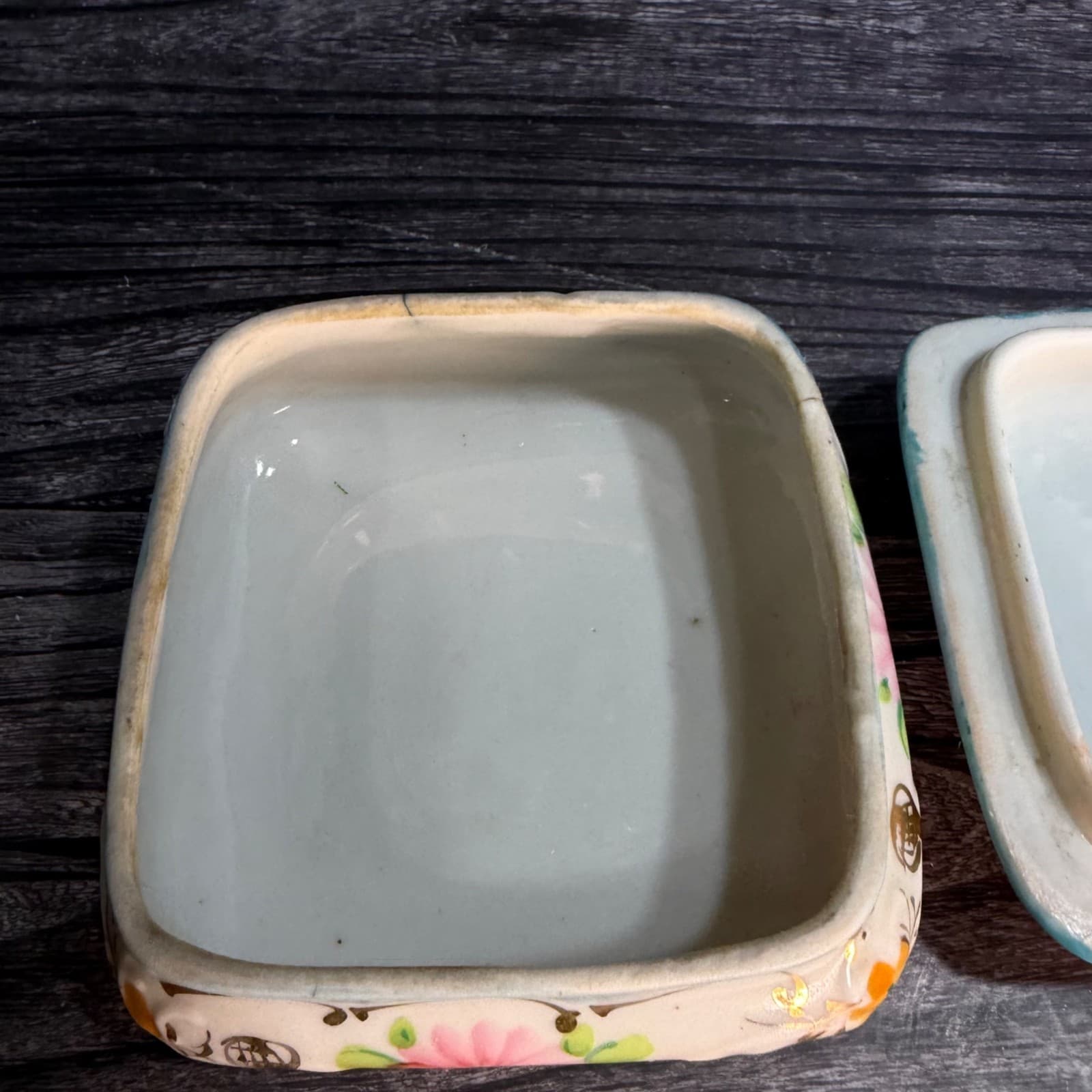 Hand-Painted Floral Ceramic Square Trinket Box With Lid Vintage Hair Keeper - Thumbnail 8