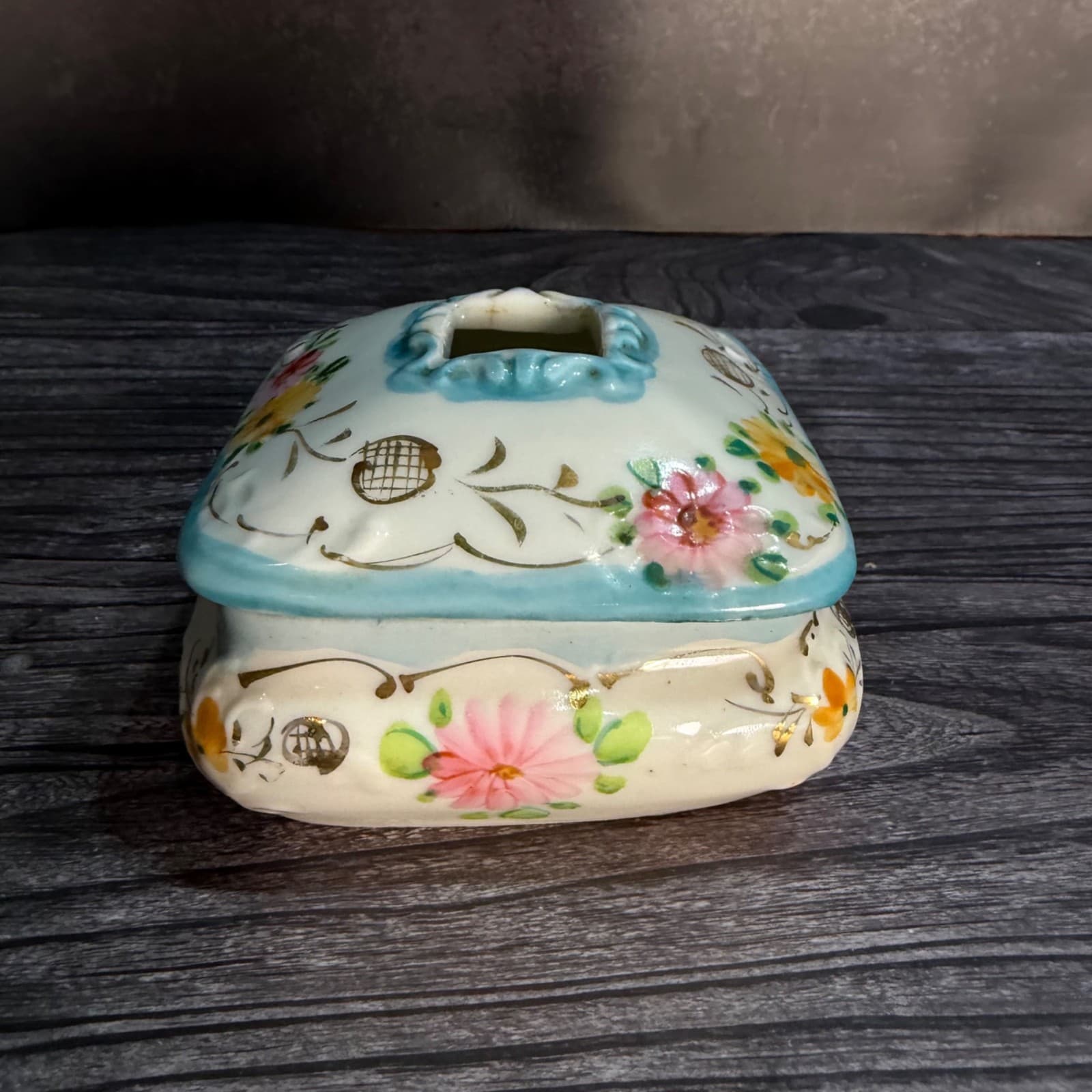 Hand-Painted Floral Ceramic Square Trinket Box With Lid Vintage Hair Keeper - Thumbnail 5
