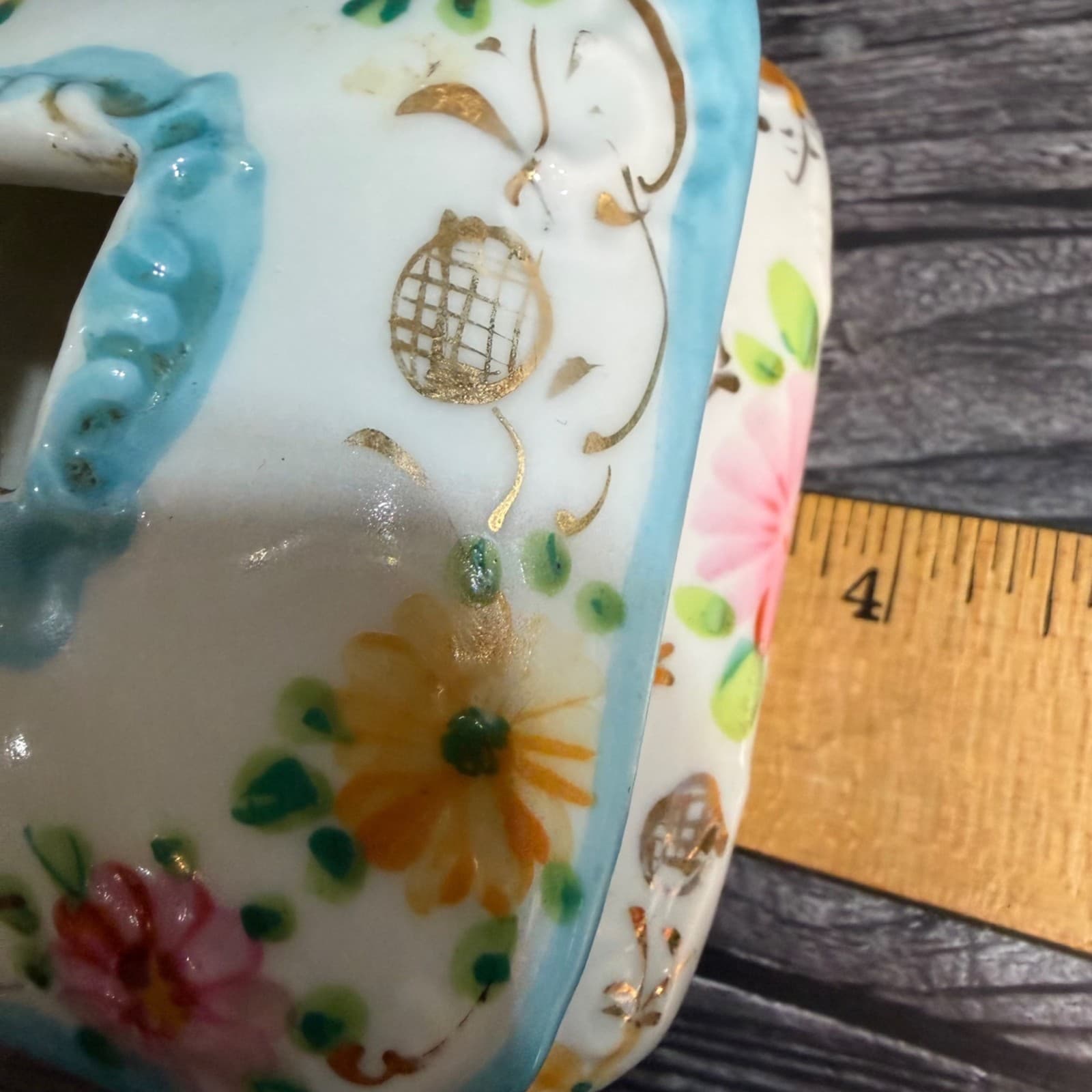 Hand-Painted Floral Ceramic Square Trinket Box With Lid Vintage Hair Keeper - Thumbnail 12