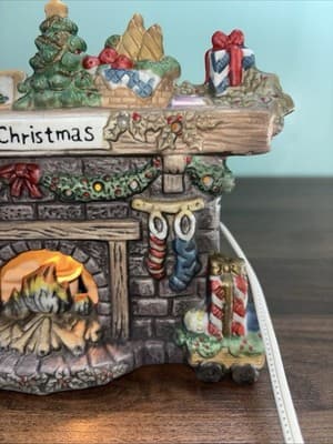 Vintage Lighted Ceramic Christmas Stone fireplace with a mantel Night Light - Thumbnail 5