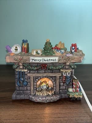 Vintage Lighted Ceramic Christmas Stone fireplace with a mantel Night Light - Thumbnail 2