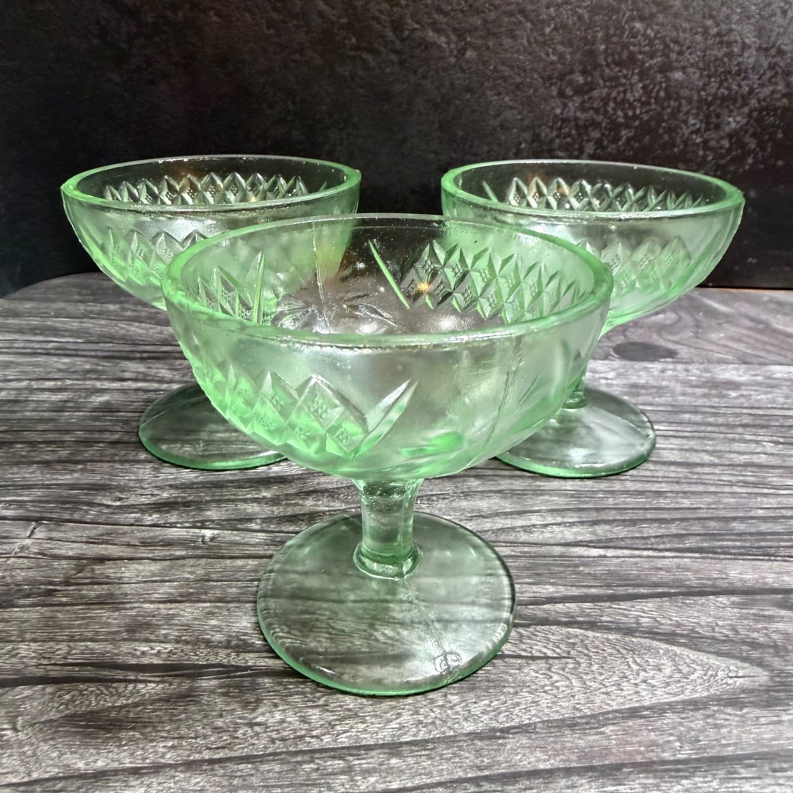 Vintage Green Uranium Glass Sherbet Cups Set Of 3 Glow Under UV Light Floral & D