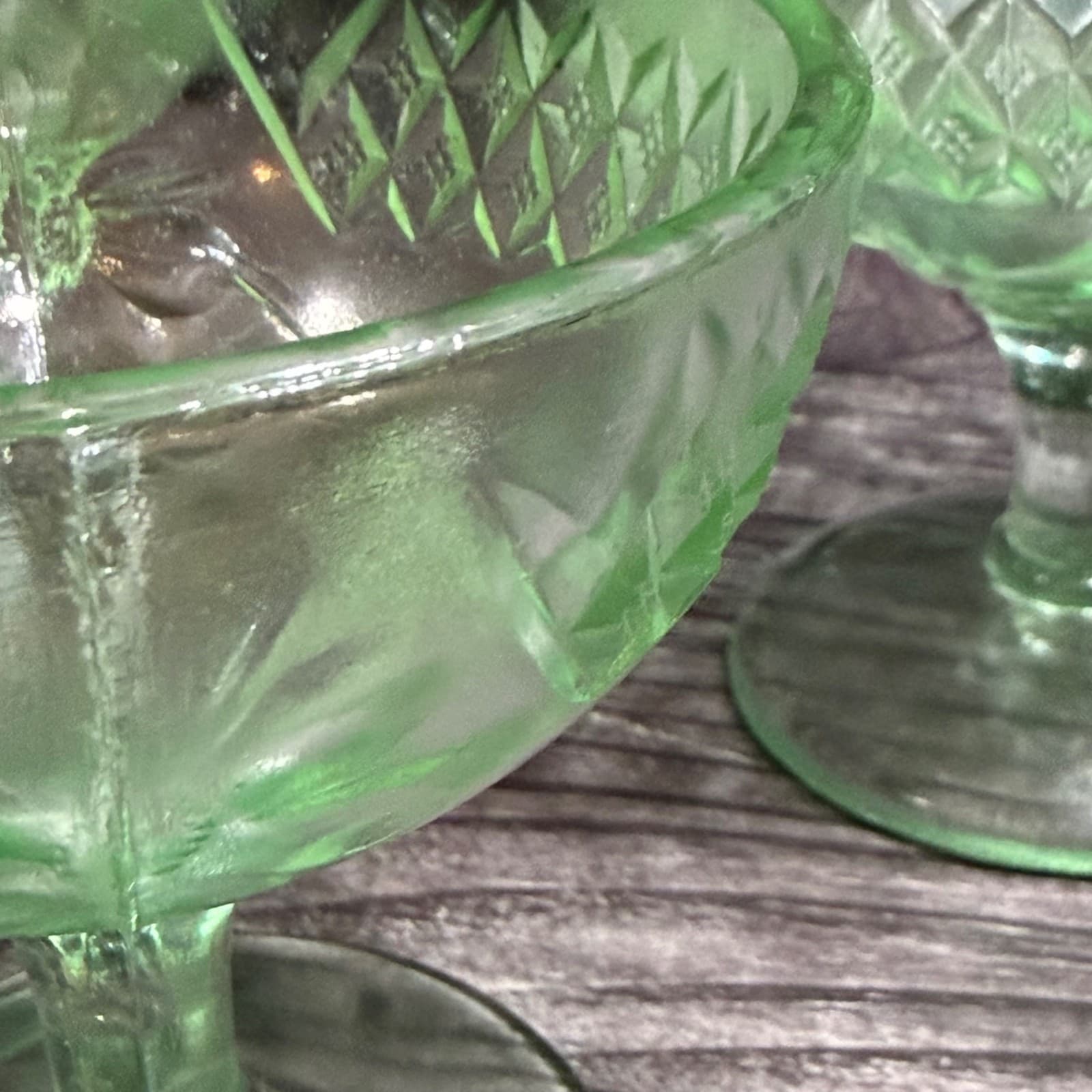 Vintage Green Uranium Glass Sherbet Cups Set Of 3 Glow Under UV Light Floral & D - Thumbnail 3