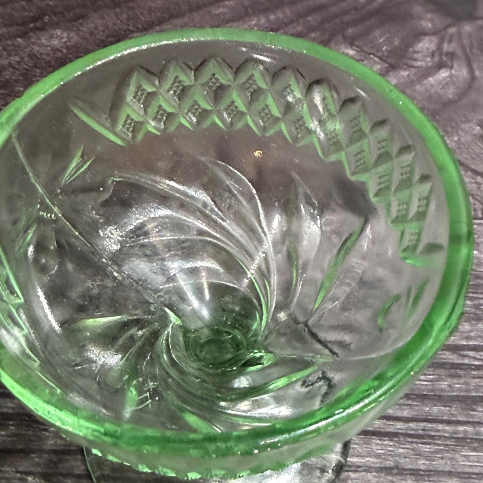 Vintage Green Uranium Glass Sherbet Cups Set Of 3 Glow Under UV Light Floral & D - Thumbnail 4