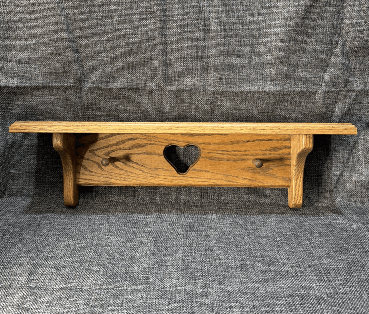 Vintage Wood Wall Shelf Heart Cutout 2 Pegs 18” Farmhouse Cottagecore Rustic