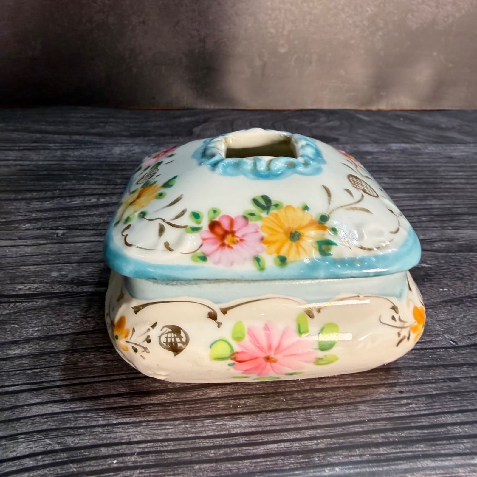 Hand-Painted Floral Ceramic Square Trinket Box With Lid Vintage Hair Keeper - Thumbnail 6