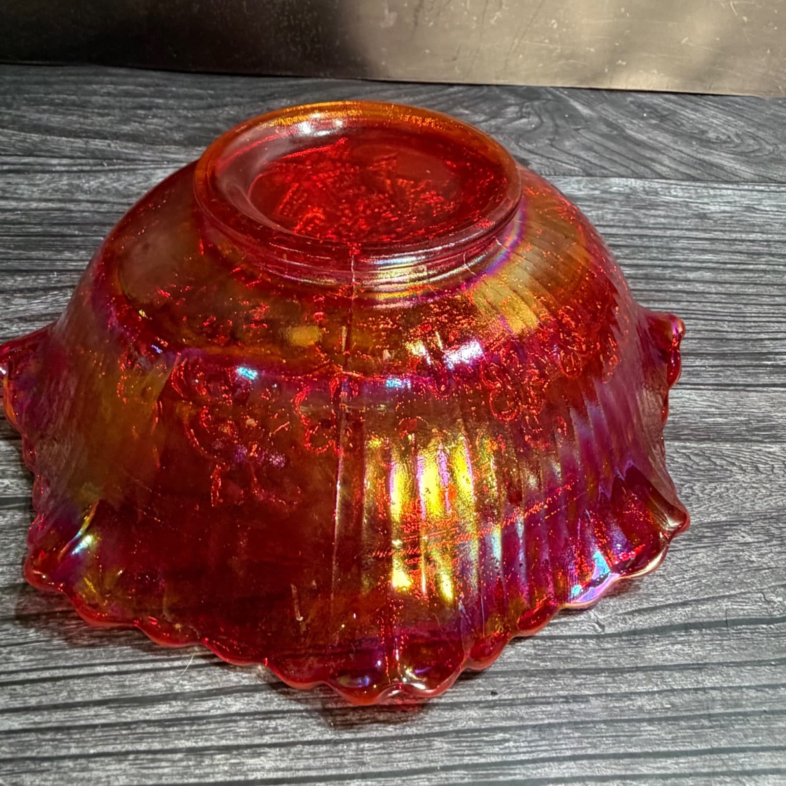 VTG L.E. SMITH Red Iridescent Windmill Design Carnival Glass Bowl 8"W Ruffle - Thumbnail 8