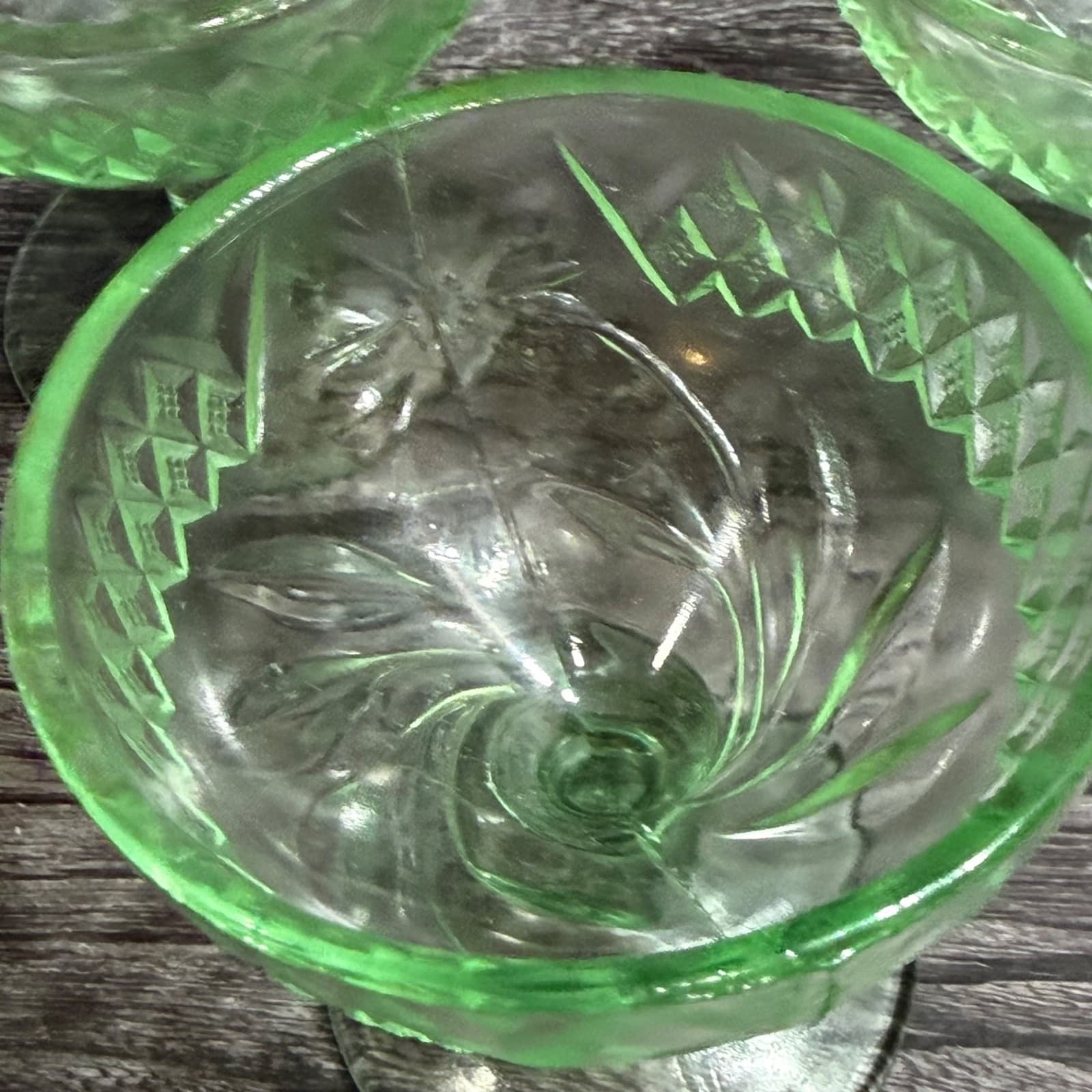 Vintage Green Uranium Glass Sherbet Cups Set Of 3 Glow Under UV Light Floral & D - Thumbnail 2