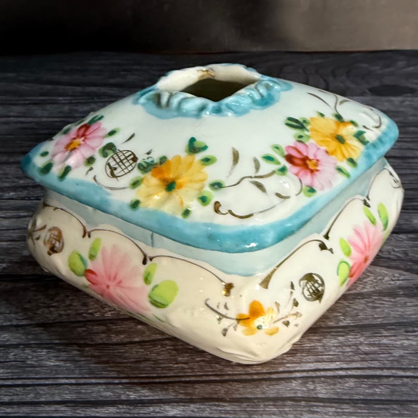 Hand-Painted Floral Ceramic Square Trinket Box With Lid Vintage Hair Keeper