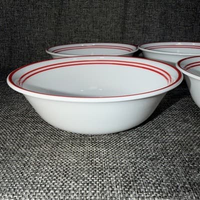 Corelle Bowl Cereal Soup 4 Set Classic Cafe Red USA Red Stripe 6-1/8" Dia - Thumbnail 5