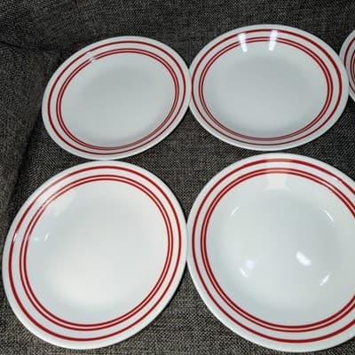 Lot Of 8 Corelle Classic Cafe Red Bread Dessert Plates 6 3/4" Red Stripe Bands - Thumbnail 3