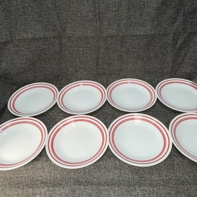 Lot Of 8 Corelle Classic Cafe Red Bread Dessert Plates 6 3/4" Red Stripe Bands - Thumbnail 2