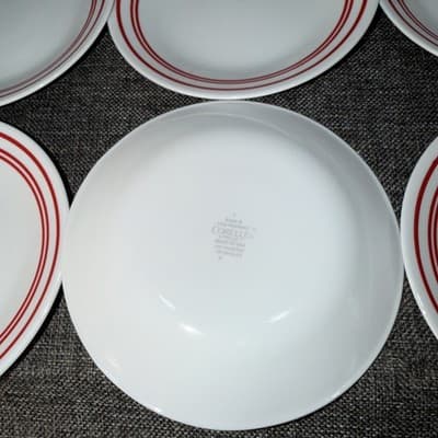 Lot Of 8 Corelle Classic Cafe Red Bread Dessert Plates 6 3/4" Red Stripe Bands - Thumbnail 6