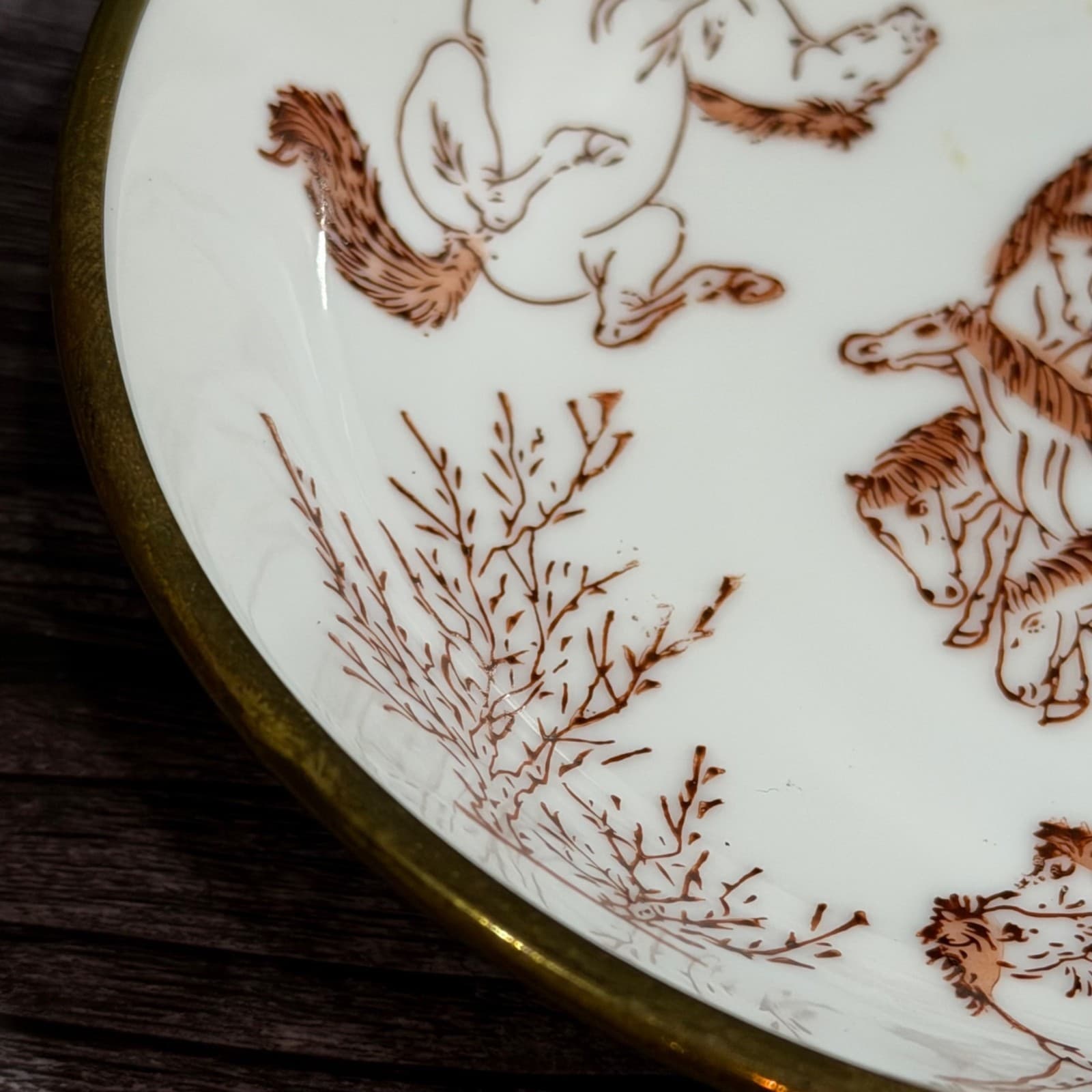 Hand-Painted Decorative Bowl With 100 Horse Motif & Copper Rim Oriental Dish - Thumbnail 3
