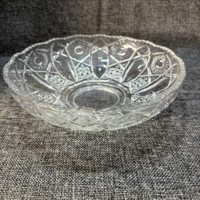 Vintage Clear Pressed Glass Hobstar Sawtooth Rim 9” Serving Bowl EAPG