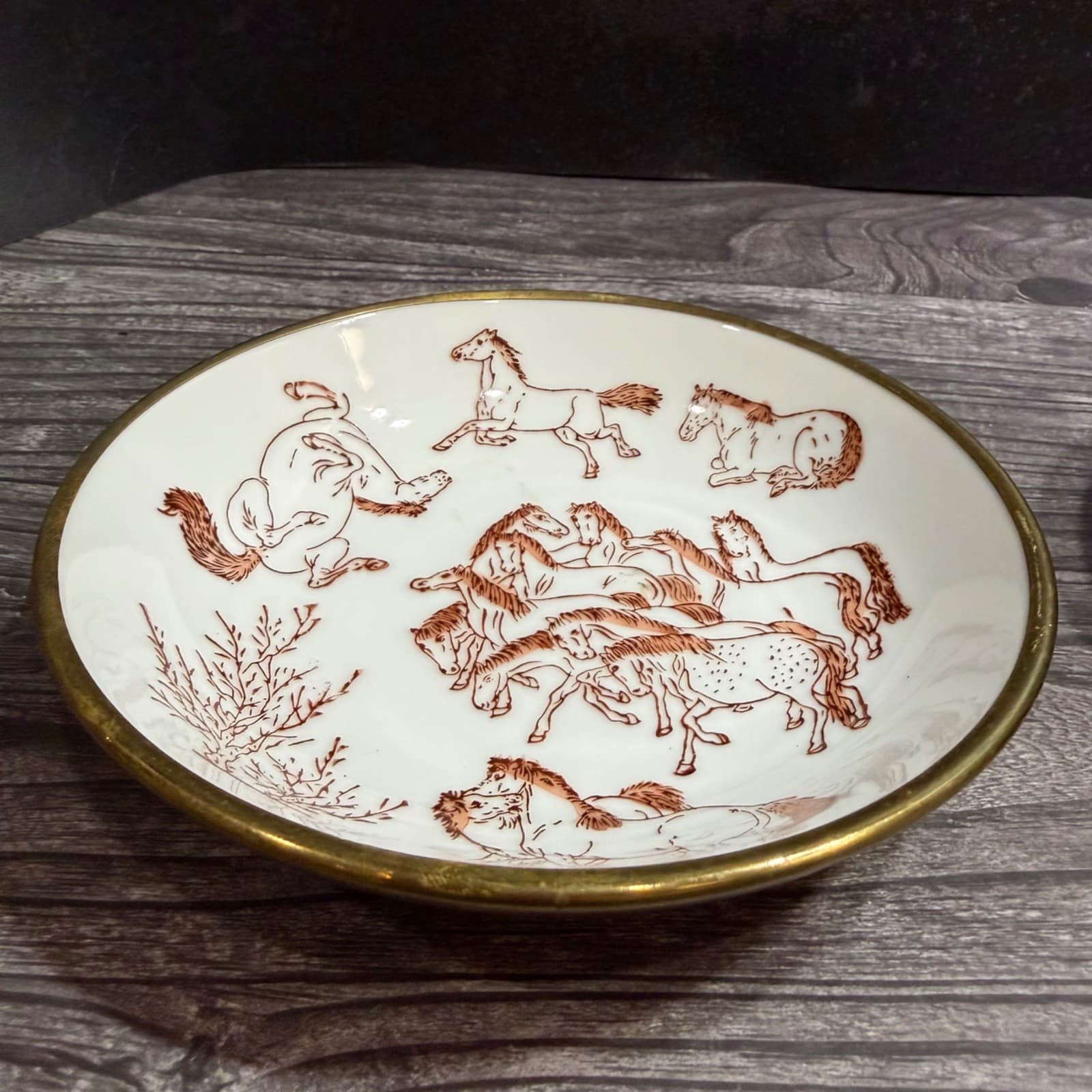 Hand-Painted Decorative Bowl With 100 Horse Motif & Copper Rim Oriental Dish - Thumbnail 2