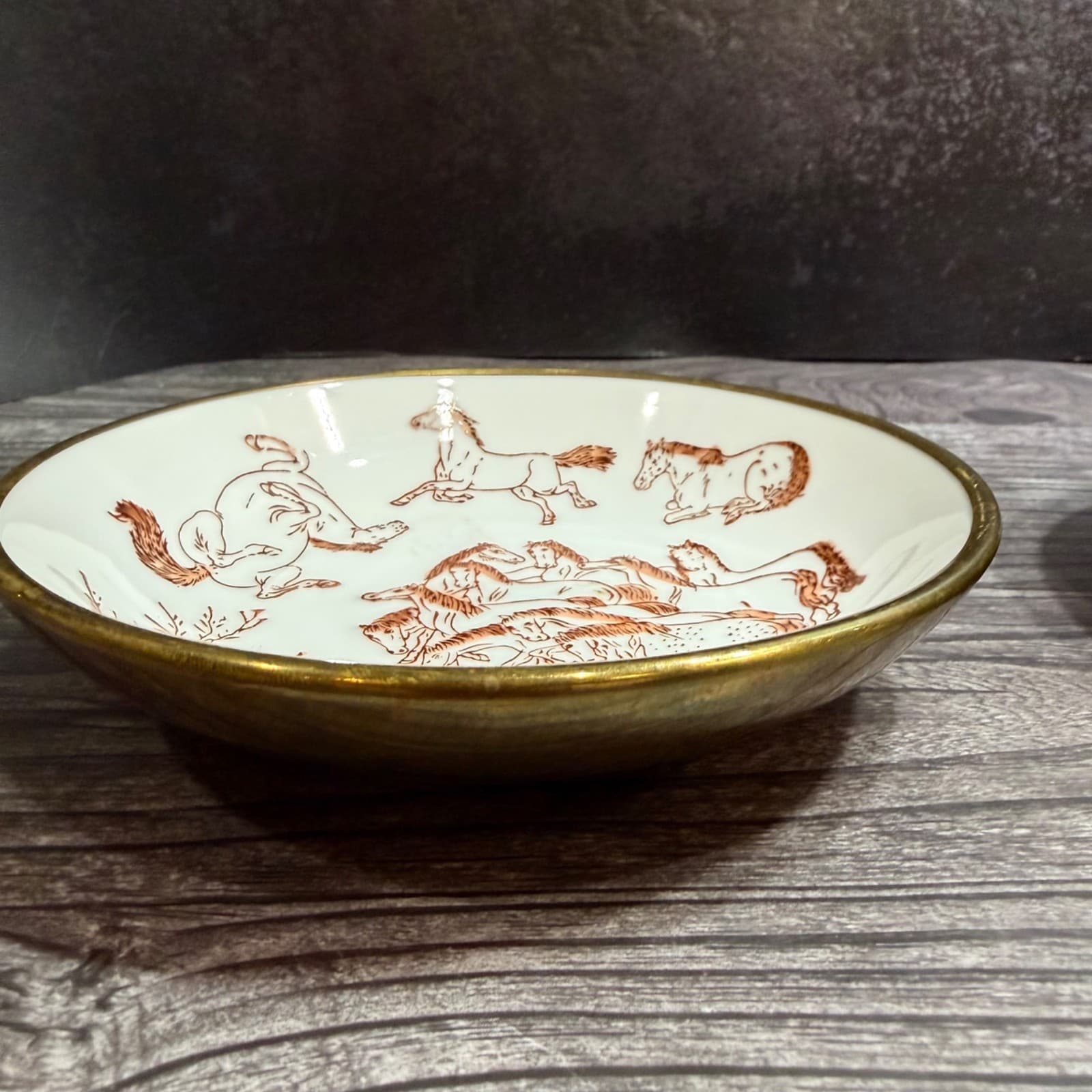 Hand-Painted Decorative Bowl With 100 Horse Motif & Copper Rim Oriental Dish - Thumbnail 5