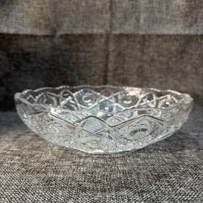 Vintage Clear Pressed Glass Hobstar Sawtooth Rim 9” Serving Bowl EAPG - Thumbnail 2