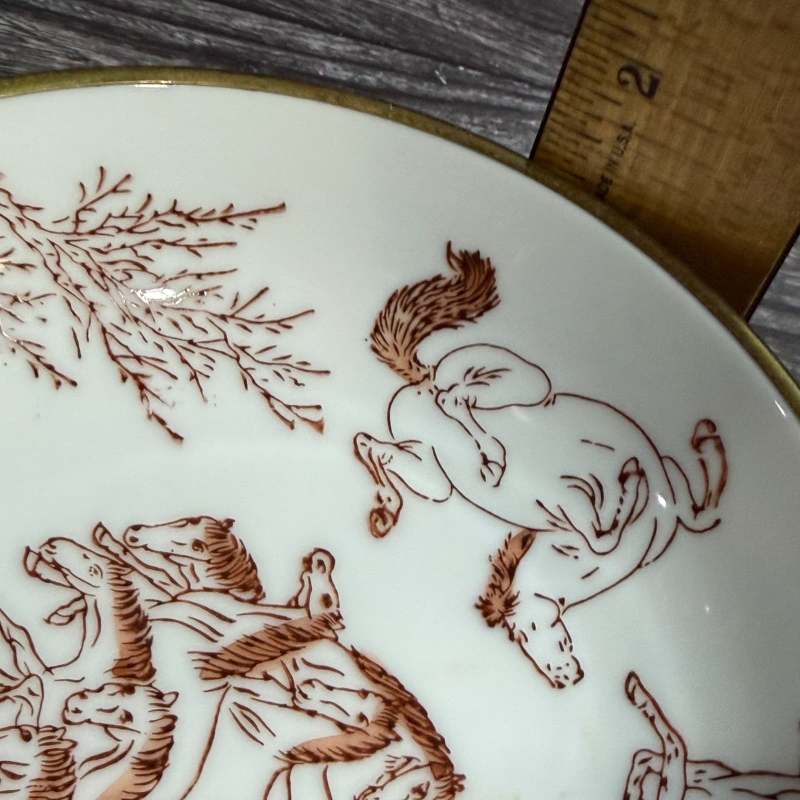 Hand-Painted Decorative Bowl With 100 Horse Motif & Copper Rim Oriental Dish - Thumbnail 8