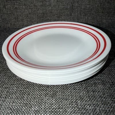 Lot Of 8 Corelle Classic Cafe Red Bread Dessert Plates 6 3/4" Red Stripe Bands