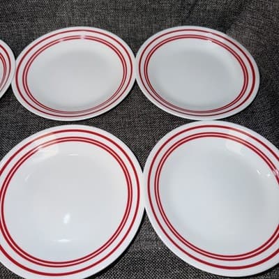 Lot Of 8 Corelle Classic Cafe Red Bread Dessert Plates 6 3/4" Red Stripe Bands - Thumbnail 4
