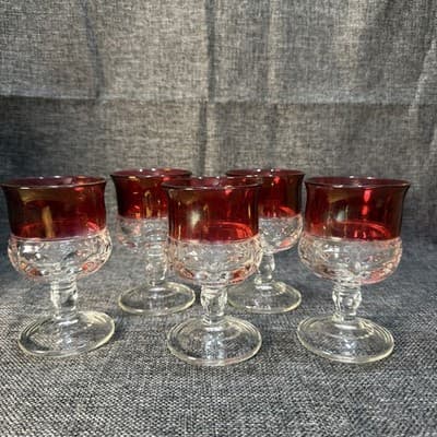 Set Of 6 Vintage Tiffin Kings Crown Ruby Red Flash Thumbprint Goblet Glass 4.25” - Thumbnail 2