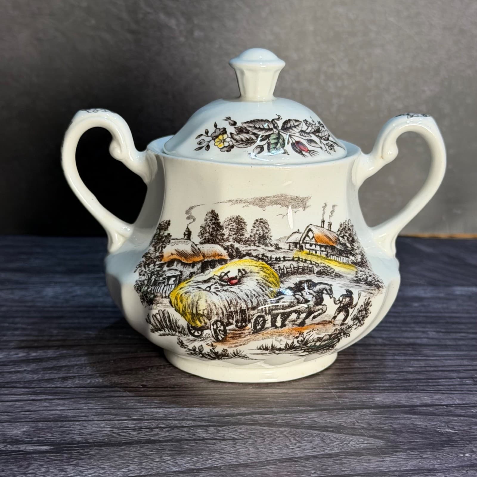 Mid-Century Staffordshire Hand Engraved Yorkshire Ironstone Sugar Bowl With Lid - Thumbnail 7