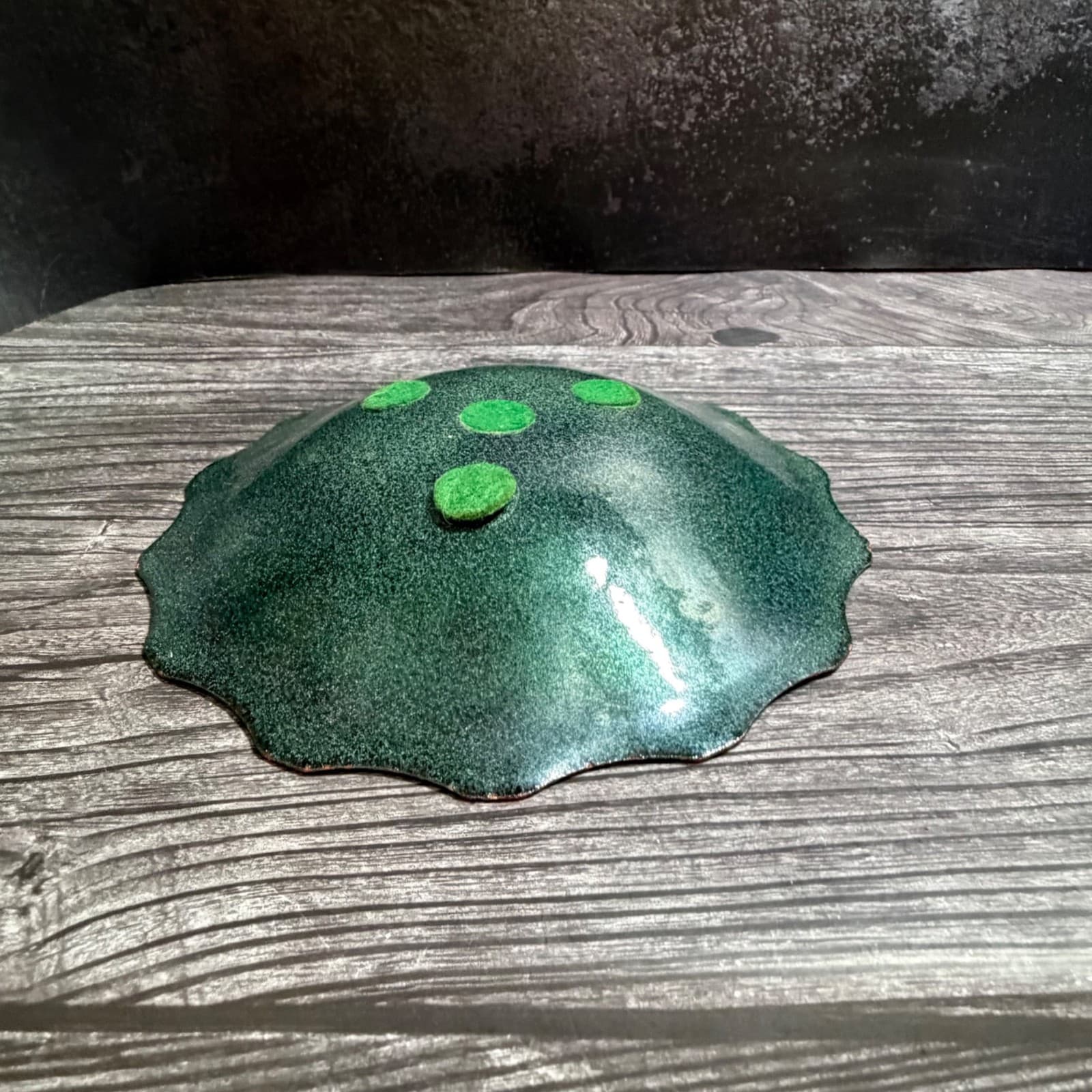 MCM Enamel On Copper Abstract Trinket Dish Plate Green Amber Metal Soap Dish - Thumbnail 5