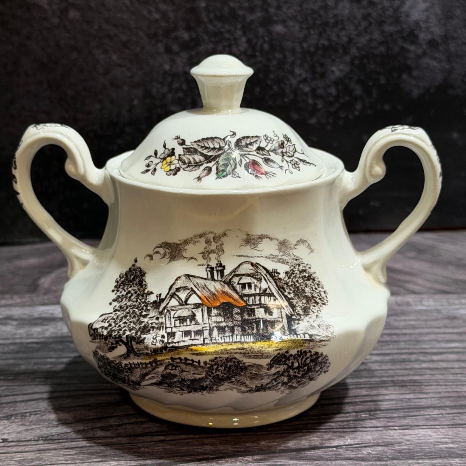 Mid-Century Staffordshire Hand Engraved Yorkshire Ironstone Sugar Bowl With Lid