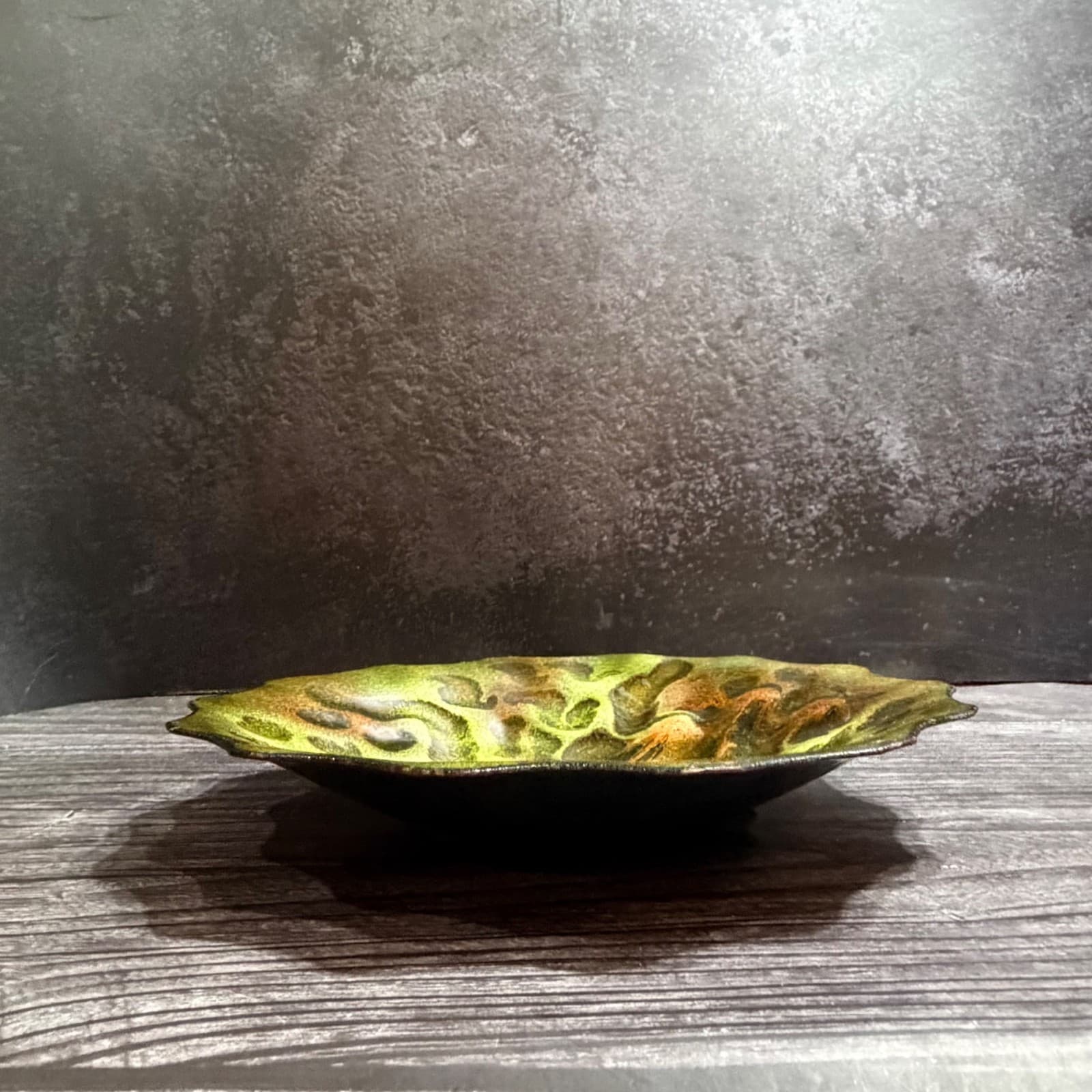 MCM Enamel On Copper Abstract Trinket Dish Plate Green Amber Metal Soap Dish - Thumbnail 3