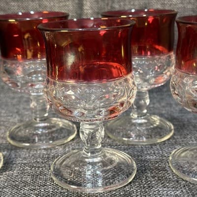 Set Of 6 Vintage Tiffin Kings Crown Ruby Red Flash Thumbprint Goblet Glass 4.25”