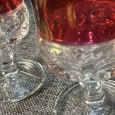 Set Of 6 Vintage Tiffin Kings Crown Ruby Red Flash Thumbprint Goblet Glass 4.25” - Thumbnail 7