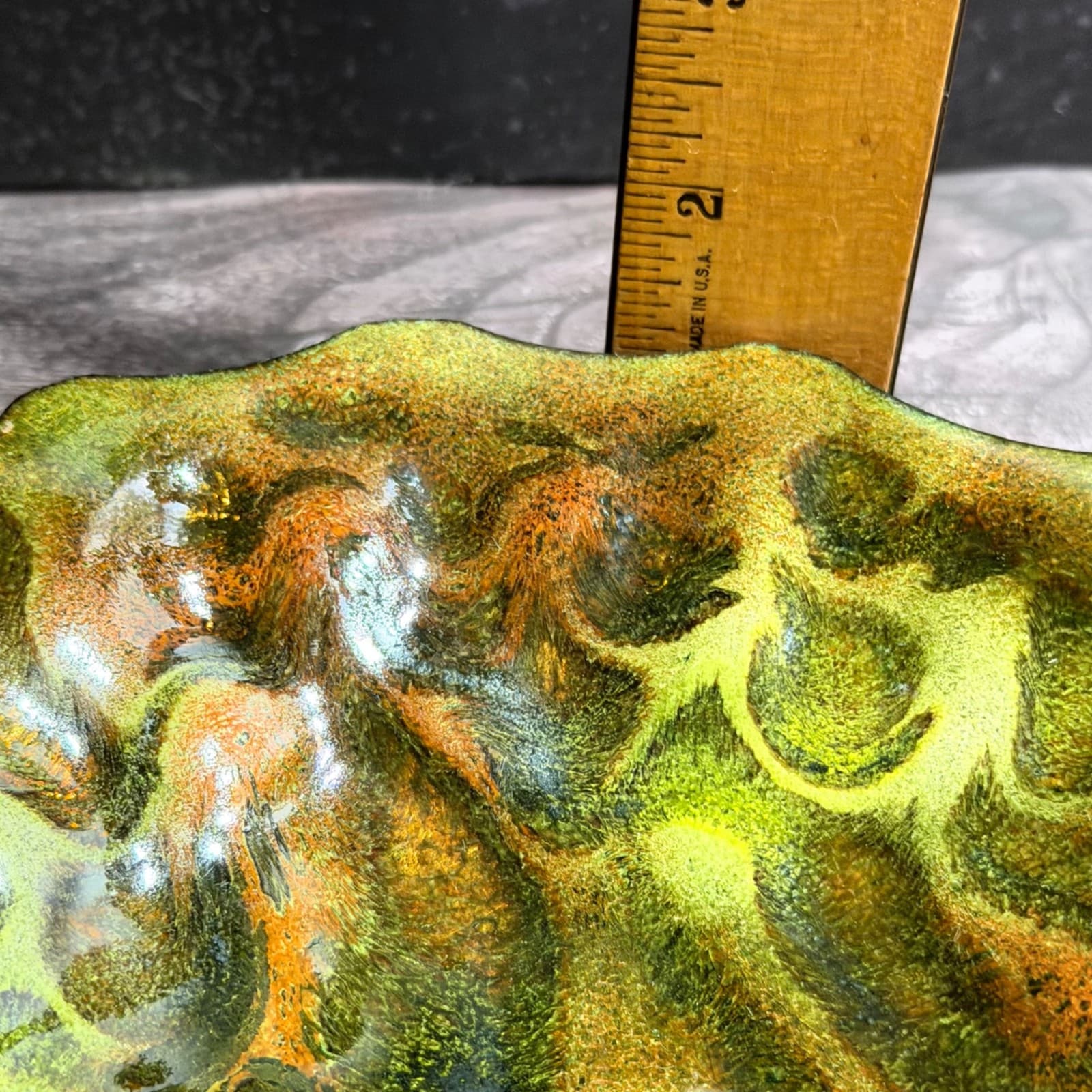 MCM Enamel On Copper Abstract Trinket Dish Plate Green Amber Metal Soap Dish - Thumbnail 11