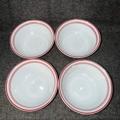 Corelle Bowl Cereal Soup 4 Set Classic Cafe Red USA Red Stripe 6-1/8" Dia - Thumbnail 3