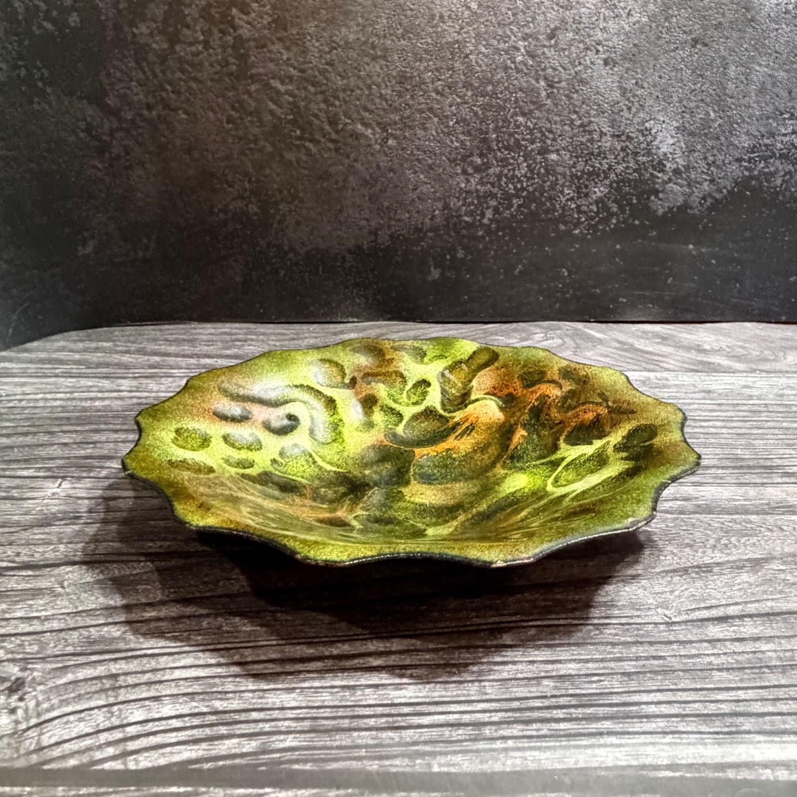 MCM Enamel On Copper Abstract Trinket Dish Plate Green Amber Metal Soap Dish - Thumbnail 2