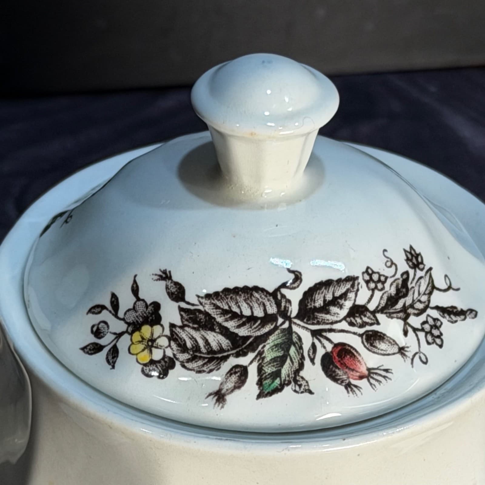 Mid-Century Staffordshire Hand Engraved Yorkshire Ironstone Sugar Bowl With Lid - Thumbnail 4