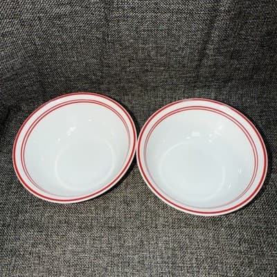 Corelle Bowl Cereal Soup 2 Set Classic Cafe Red USA Red Stripe 6-1/8" Dia - Thumbnail 6
