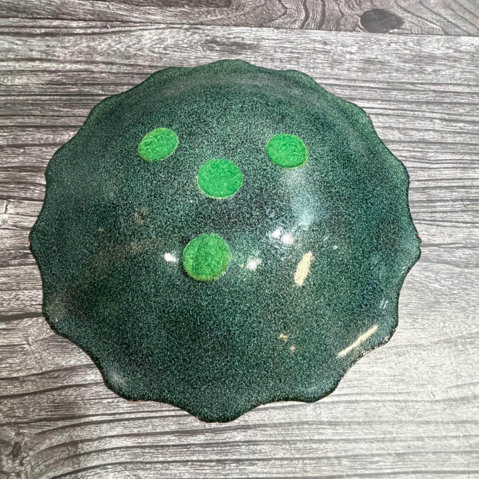 MCM Enamel On Copper Abstract Trinket Dish Plate Green Amber Metal Soap Dish - Thumbnail 6