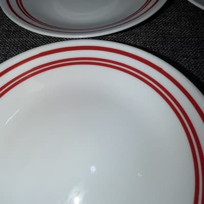 Lot Of 8 Corelle Classic Cafe Red Bread Dessert Plates 6 3/4" Red Stripe Bands - Thumbnail 5