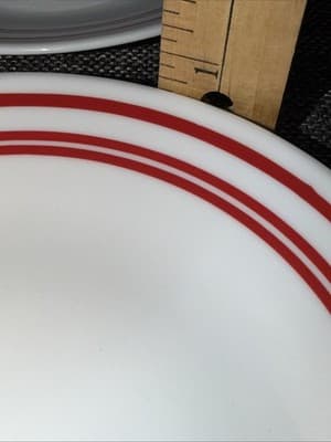Lot Of 8 Corelle Classic Cafe Red Bread Dessert Plates 6 3/4" Red Stripe Bands - Thumbnail 9