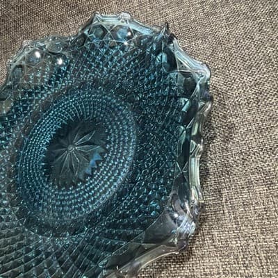 Glows Indiana Glass Windsor Blue Carnival Glass Diamond Point Ruffled Bowl Tray - Thumbnail 6