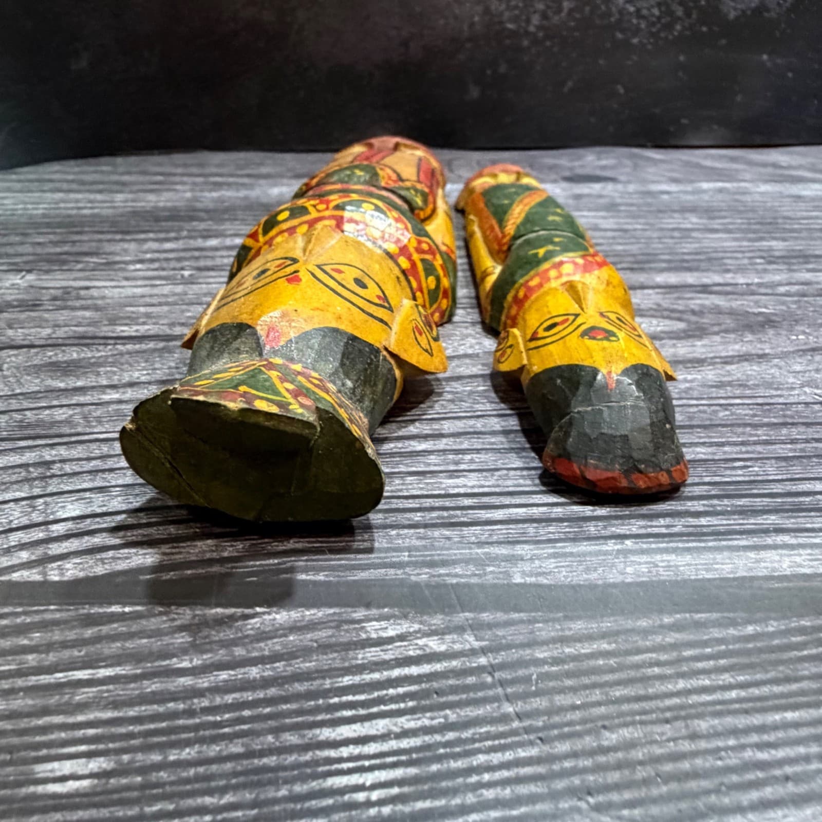 Hand-Painted Vintage Wooden Figurines In Folk Art Style - Set Of 2 Green & Yello - Thumbnail 10
