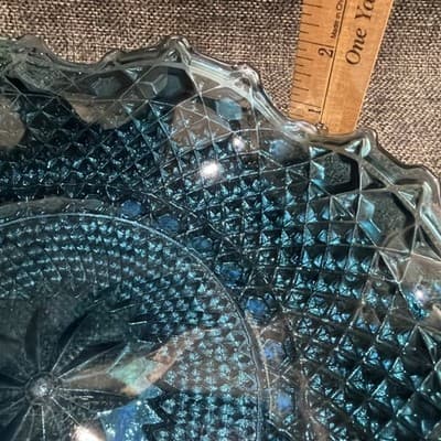 Glows Indiana Glass Windsor Blue Carnival Glass Diamond Point Ruffled Bowl Tray - Thumbnail 10