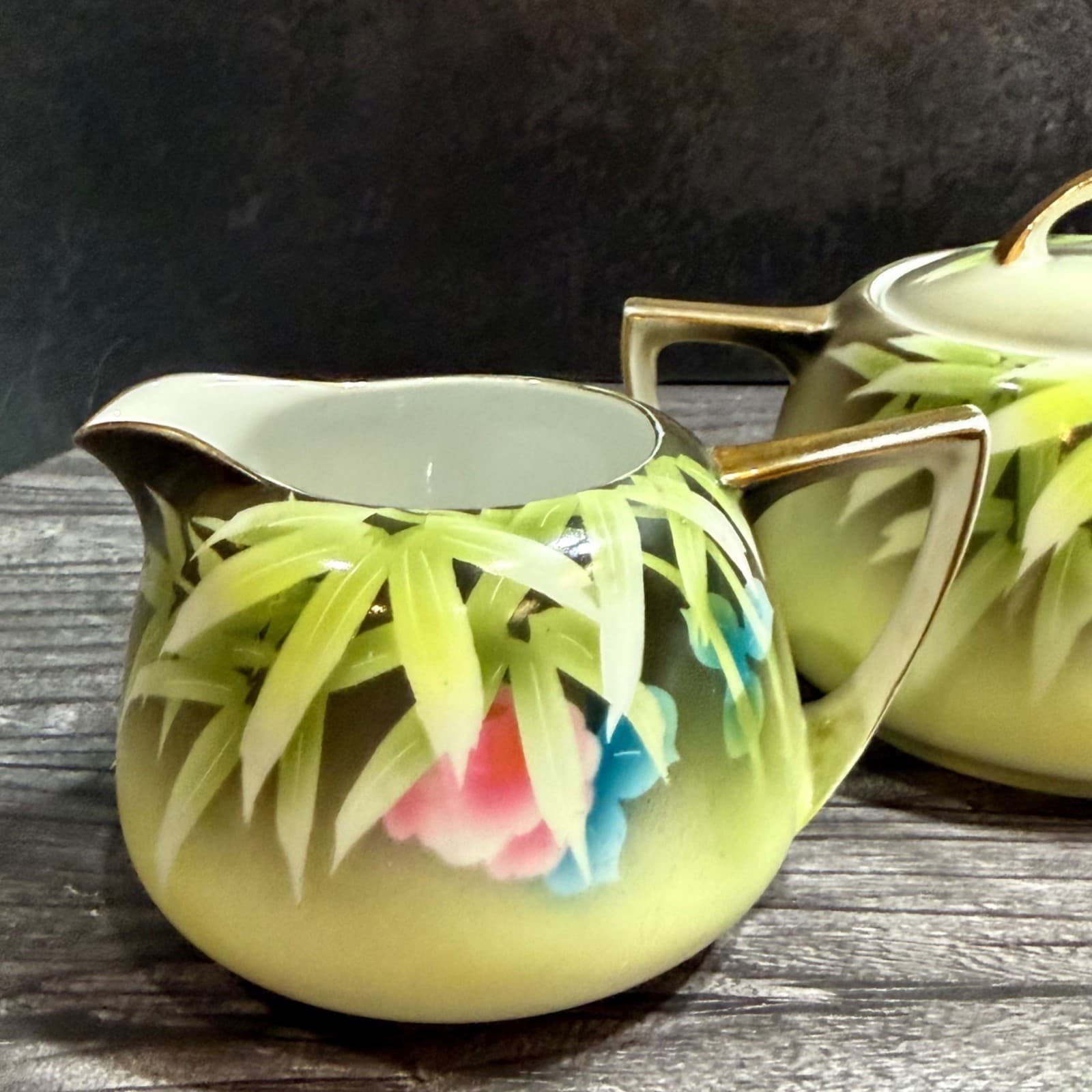 Hand-Painted Meito China VTG Porcelain Cream & Sugar Set Bamboo & Floral Design - Thumbnail 2