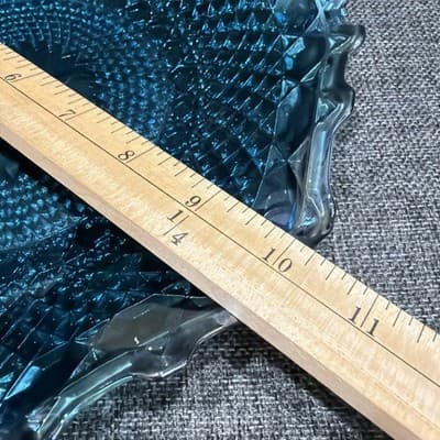 Glows Indiana Glass Windsor Blue Carnival Glass Diamond Point Ruffled Bowl Tray - Thumbnail 8